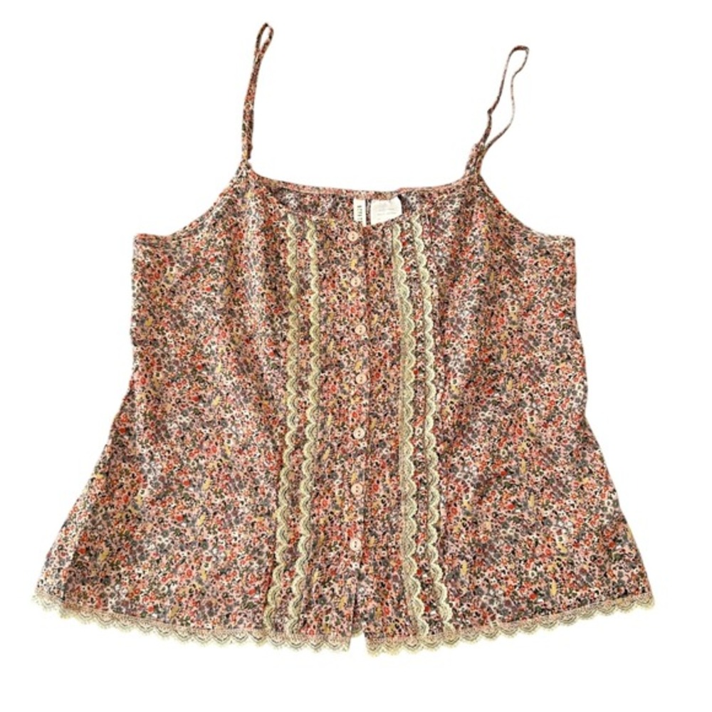 Full‎ Tilt Women's Medium Pink Floral Lace Trim Button Front Camisole Tank Top